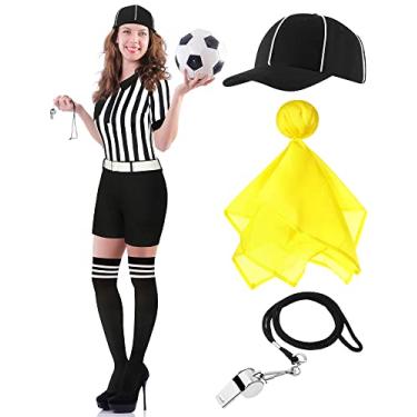 Imagem de Didaey 5 peças fantasia de árbitro para mulheres uniforme de Halloween Ref com cinto chapéu apito meias longas bandeiras de pênalti amarelas (pequeno)