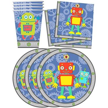 Imagem de Conjunto de suprimentos para festa de aniversário robô pratos guardanapos copos kit de talheres para 16 por Birthday Galore