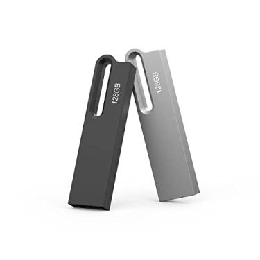 Imagem de Aiibe 128GB Flash Drive 2 pacotes de metal USB Drive Thumb Drive com chaveiro 128 gb à prova d'água Jump Drive 128GB USB Flash Drive USB 2.0 Memory Stick Pen Drive Zip Drive (128G, 2 cores: Preto Prata)