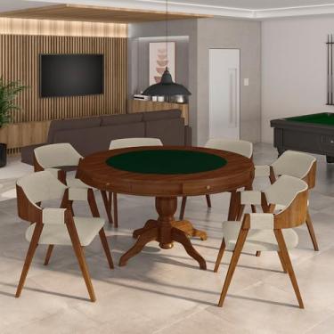 Imagem de Conjunto Mesa de Jogos Carteado Bellagio Tampo Reversível Verde e 6 Cadeiras Madeira Poker Base Estrela Linho OffWhite/Imbuia G42 - Gran Belo