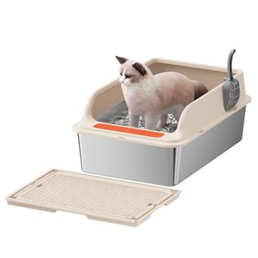 Imagem de Caixa de Areia para Gatos de Aço Inoxidável, Caixa de Areia Fechada Com pá e Pedal de Filtro de Areia, Caixa de Areia de Parede Com Lados Altos, Bandeja de Areia para Gatos (L)