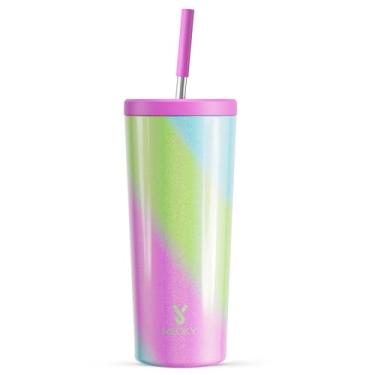 Imagem de Meoky Copo Isolado de 680g com Tampa e Canudo, Aço Inoxidável, Vácuo, 24 Horas, 100% À Prova de Vazamento, 24oz, Cilíndrico, Prata, Reutilizável, Viagem, Comemoração