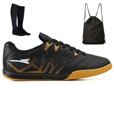 Imagem de Kit Chuteira Futsal Quadra Bico de Couro Futebol Salao + Mochila + Mei