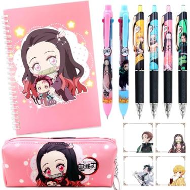 Imagem de JRHOLIYUE - Conjunto de Material Escolar Kawaii Demon Slayer - Canetas Esferográficas e Multicoloridas, Caderno Espiral, Post-its, 12 Unidades - Papelaria para Meninas e Fãs de Anime