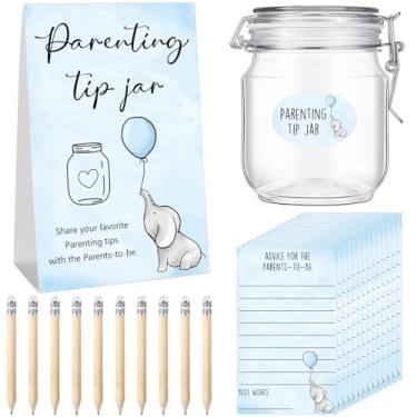 Imagem de Roowest Jogo de chá de bebê, prêmios, conselhos para chá de bebê, placa de pote para pais novos, 60 cartões de conselhos para pais, 10 lápis HB, 2 adesivos fofos, 1 mamadeira para novos pais