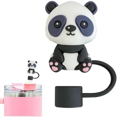 Imagem de Capa de palha de panda fofa para Stanley, cobertura de palha de silicone animal, cobertura de palha à prova de respingos, capa de palha reutilizável, capas de ponta de canudo de 10 mm para Stanley