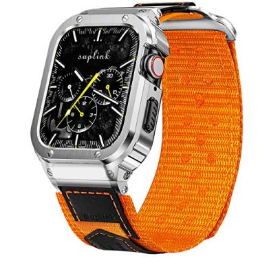 Imagem de SUPLINK Capa de aço inoxidável e pulseiras de nylon compatíveis com Apple Watch série 10 de 46 mm, capa protetora resistente de metal para Apple Watch série 10, laranja