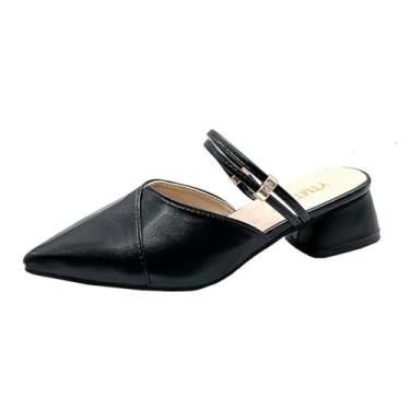 Imagem de Boxpopla Mocassim feminino fechado bico fino mules duas vias alça frente única para mulheres salto médio grosso mule slingback sapatos sem cadarço, Preto, 34