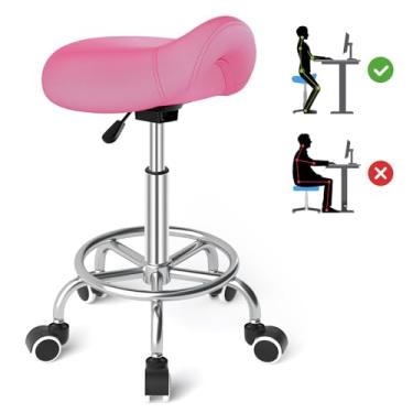 Imagem de YEEZEE Banco de selim ergonômico - banco de selim confortável com enchimento largo e grosso, cadeira giratória ajustável com rodas e pedal de anel para salão de massagem médica (rosa)
