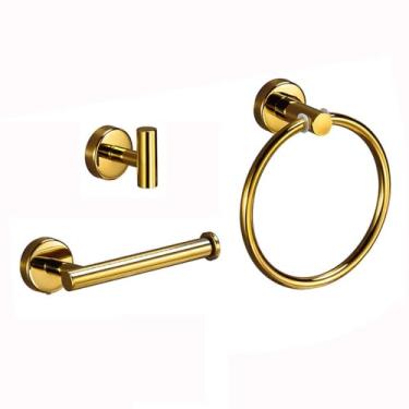 Imagem de Conjunto de acessórios para banheiro de ouro brilhante, barra de toalha de aço inoxidável 304, suporte para papel higiênico, gancho, kit de prateleira para banheiro, conjunto de 3 peças A