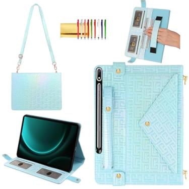 Imagem de Capa brilhante para Samsung Galaxy Tab S10+ 2024/S9 FE+ 2023/S9+ Plus de 12,5 polegadas, capa carteira com suporte para caneta + compartimentos para cartão + alça de mão + alça de ombro, azul