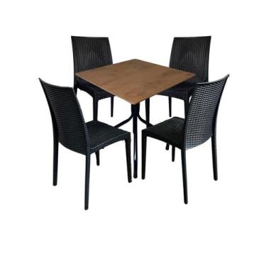 Imagem de Jogo de Moema 70x70 Imbuia com 4 Cadeiras Rattan Preta - ECOMHOME