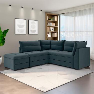Imagem de Sofá Modular de Canto 4 Lugares Luizzi Quebec com Pufe e Revestimento em Suede – 408cm de Largura