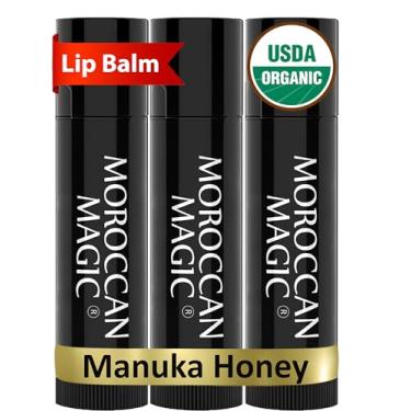 Imagem de Moroccan Magic Organic Manuka Honey Lip Balm 3 Pack | Made with Natural Cold Pressed Argan and Essential Oils Lip Balm | Smooth Application | Non-Toxic, Cruelty Free