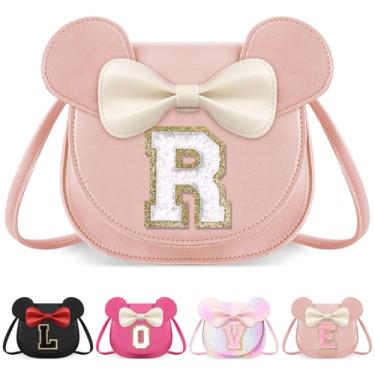 Imagem de izuzta Bolsa infantil para crianças 1 2 3 4 5 6 7 8 anos de idade bonito mouse orelha laço bolsa transversal presente de aniversário, Grande/bolsa rosa/letra branca, R, R