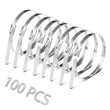 Imagem de Abraçadeiras de aço inoxidável, 100 peças de 30 cm de aço inoxidável para exaustão, abraçadeiras prateadas resistentes com fecho automático, abraçadeiras de metal com trava multiuso
