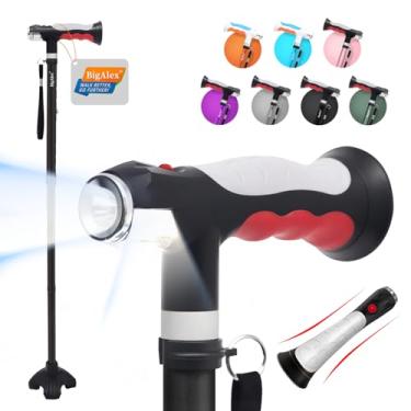 Imagem de BigAlex Bengala de caminhada dobrável com duas luzes de LED para idosos, base sólida, ajustável, com bolsa de transporte para homem/mulher
