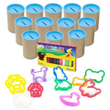Imagem de Kit 12 Cofres Papelão 36 Cortadores Formato Animais 2 Caixas de Massinha Modelar Lembrancinhas Aniversário Mundo Animal Pet (Cofre Azul bebe)