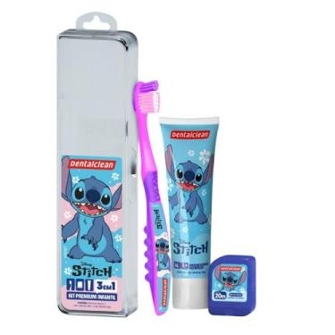 Imagem de Escova de dentes Stitch Estojo Escolar 3 em 1 Infantil Fio Dental Gel 