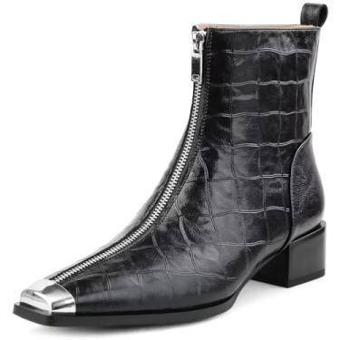 Imagem de Husmeu Bota feminina de cano baixo, salto grosso, curto, couro legítimo, com zíper, metal, bico quadrado, botas de outono com zíper frontal, Preto, 37