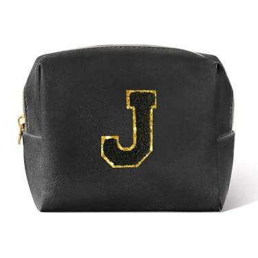 Imagem de Pocmimut Bolsa de maquiagem, presentes de aniversário para meninas de 4, 5, 6, 7, 8, 9, 10, 11 e 12 anos, bolsa de cosméticos personalizada para meninas adolescentes, Preto, Small, J