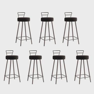 Imagem de Kit 07 Banqueta Alta Com Encosto Tina Eiffel Cozinha Bar Bistrô Ferro Marrom Suede Marrom - Ahz Móveis