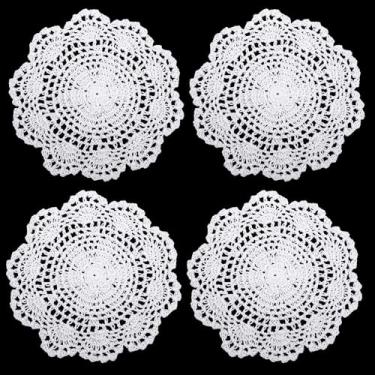 Imagem de 4 peças de 20 cm branco vintage crochê doily redondo de renda porta-copos de renda de algodão Doilies de renda para mesas porta-copos de renda para cozinha, sala de jantar, festa, decoração de