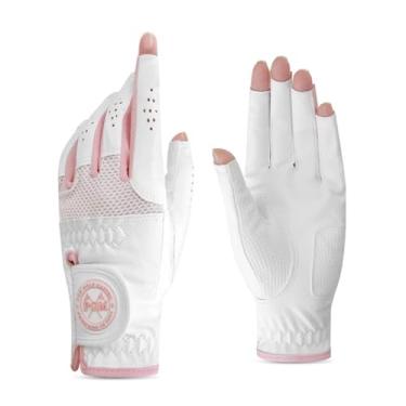 Imagem de Luvas de golfe femininas, um par - respirável, durável, protetor solar, luvas finas de verão para mão esquerda e direita, couro PU com acabamento de renda requintado (branco-rosa, 20)