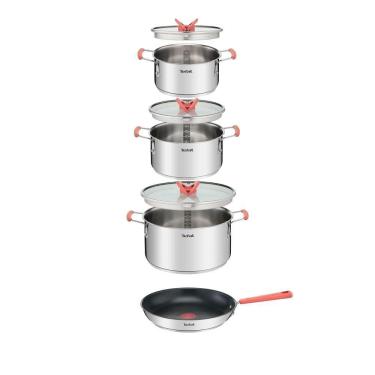 Imagem de Jogo de Panelas 4 Peças Tefal Opti’Space Revestimento Antiaderente Tampas de Vidro Inox