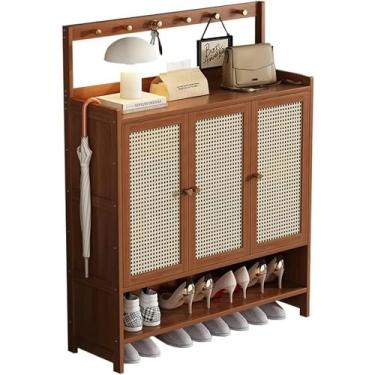 Imagem de LGEOELIAS Armário de sapatos de bambu com ganchos e portas, organizador de sapatos estreito para corredor, sala de estar, quarto
