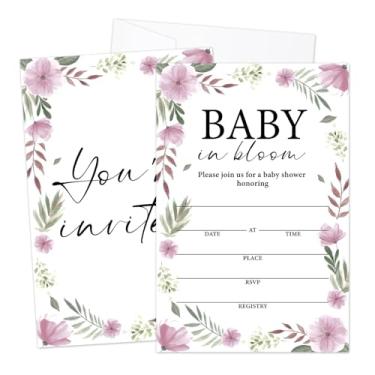 Imagem de LWBEO Convites de chá de bebê flores roxas com envelopes para meninas, conjunto de 25 convites de preenchimento frente e verso para revelação de gênero anúncio de bebê, lembrancinha de festa e