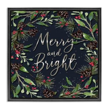 Imagem de Stupell Industries Merry & Bright with Holly Leaves Black Framed Floater Canvas Wall Art, design by Elizabeth Tyndall, 18 x 18