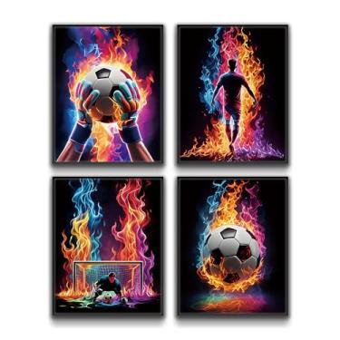Imagem de QPOKLAF Decoração de parede de futebol colorido abstrato neon arte de futebol pôsteres meninos tema futebol quarto arte esportes pintura em tela para quarto homem decoração de parede conjunto de 4 (20