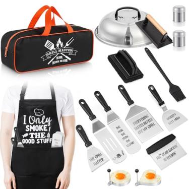 Imagem de Boao Kit de acessórios de chapa de 18 peças, presente para homem, avô, acessórios de grelha de topo plano com espátulas ampliadas, avental de churrasco e bolsa de transporte para chef de acampamento