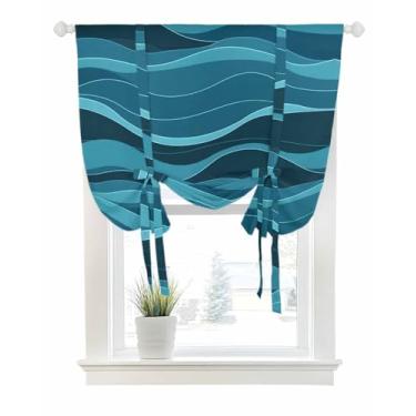 Imagem de Cortinas de amarrar para janelas abstratas ondas do oceano, bolso de haste, persiana ajustável, balão, cortina, saia, aquarela, listra azul, para quarto, cozinha, banheiro, persianas, 86 x 114 cm