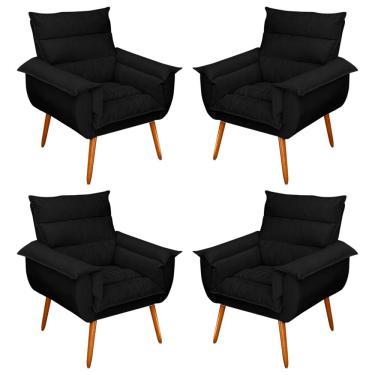 Imagem de Kit 04 Poltronas Decorativas Modernas Sala e Recepção Monza Pés Palito Suede Preto - Abmaza