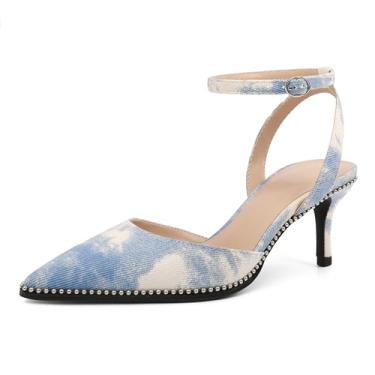 Imagem de SAMMITOP Sapato feminino com salto gatinho bico fino, salto baixo, tira no tornozelo, sem cadarço, confortável, para festa de casamento, com contas, 6 cm, Jeans azul, 40