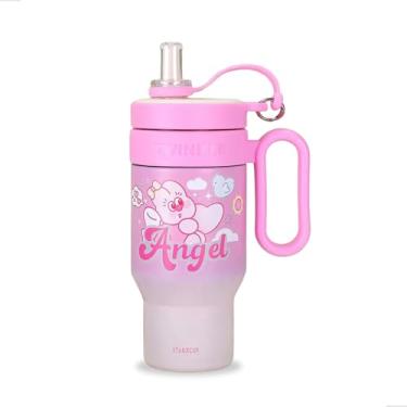 Imagem de Copo Térmico Infantil 900ml com Canudo Retrátil, Tampa Protetora, Parede Dupla, Alça Lateral, Copo com Canudo Antivazamento, Ideal para Escola, Passeios e Viagem (p1802) (Rosa)