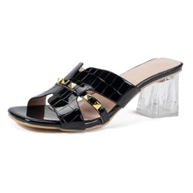 Imagem de AIVYFAJA Sandálias femininas com bico aberto, salto grosso, salto grosso, moderno, bico quadrado, sem cadarço, salto bloco, mula, elegante, vestido de festa, chinelos de verão, Preto, 36