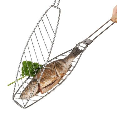 Imagem de Grelha Dupla para Churrasco, 31x25cm, Malha de Arame com Cabo de Madeira, Ideal para Peixes e Legumes