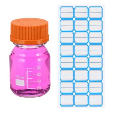Imagem de PATIKIL Garrafas redondas de armazenamento de mídia, garrafas redondas graduadas de vidro espesso de 100 ml com tampa laranja GL45 para líquidos reagentes de água de laboratório, transparentes