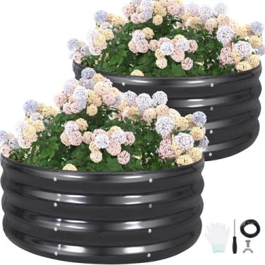 Imagem de G GOOD GAIN Canteiro de jardim redondo elevado – 2 peças de caixas de aço galvanizado de 0,9 x 0,3 m para ambientes externos com acabamento de borda de borracha | Canteiros elevados de metal para