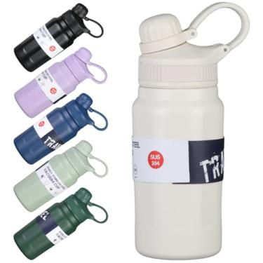 Imagem de Garrafa Térmica Estilosa de 500ml com Interior em Aço Inox 304 e Fundo Emborrachado – Ideal para Academia e Escola - Com Canudo e Alça de Transporte Resistente (Branco Pérola)