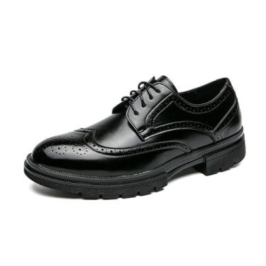 Imagem de Sapato Oxford masculino plataforma de couro com cadarço e ponta de asa, confortável, respirável, sola, estilo brogue, casual, negócios, trabalho, Preto, 42 BR