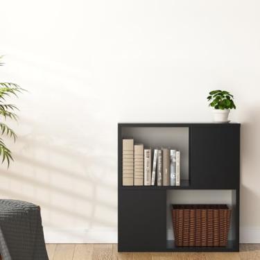 Imagem de GHC Estante de livros de 2 níveis, prateleira decorativa de madeira, prateleiras de exibição independentes modernas, unidade de prateleira alta para sala de estar, quarto, escritório - preta