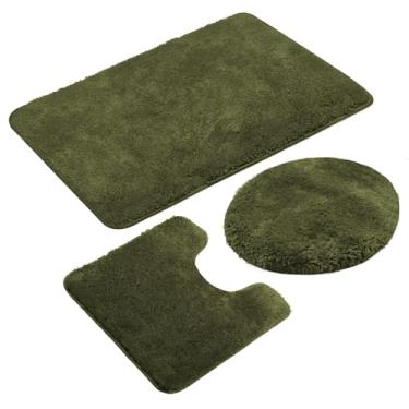 Imagem de Reyox Tapete de banho felpudo de pelúcia, tapete de contorno e tampa de vaso sanitário, tapetes de banheiro antiderrapantes de microfibra macia, verde exército, 3 peças