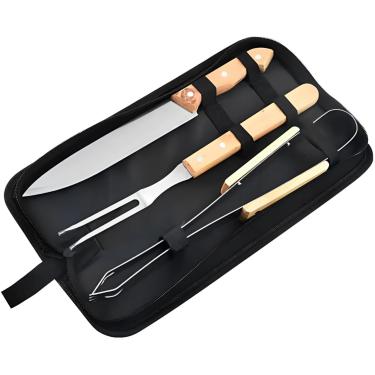 Imagem de Kit Churrasco 3 Peças Aço Inox Cabo de Madeira Com Estojo Acessórios Faca, Garfo e Pegador