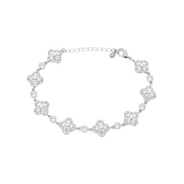 Imagem de Aura & lrena Elegante pulseira de trevo de quatro folhas banhada a platina – Pulseira ajustável com pingente da sorte com zircônia cúbica 3A – Joias femininas delicadas para casamento, aniversário e