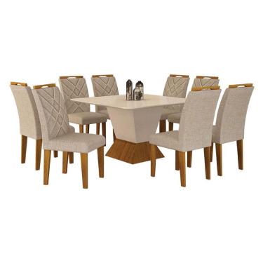 Imagem de Mesa De Jantar Larissa 135x135 Off White Freijó Com 8 Cadeiras Mdf Freijó Linho Palha - Leifer Móveis
