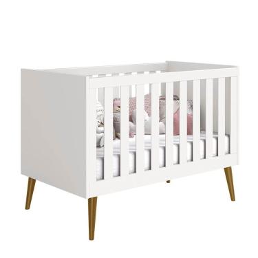 Imagem de Kit Quarto Infantil Noah Branco Fosco com Pés em Madeira Retrô – Berço Mini Cama + Cômoda